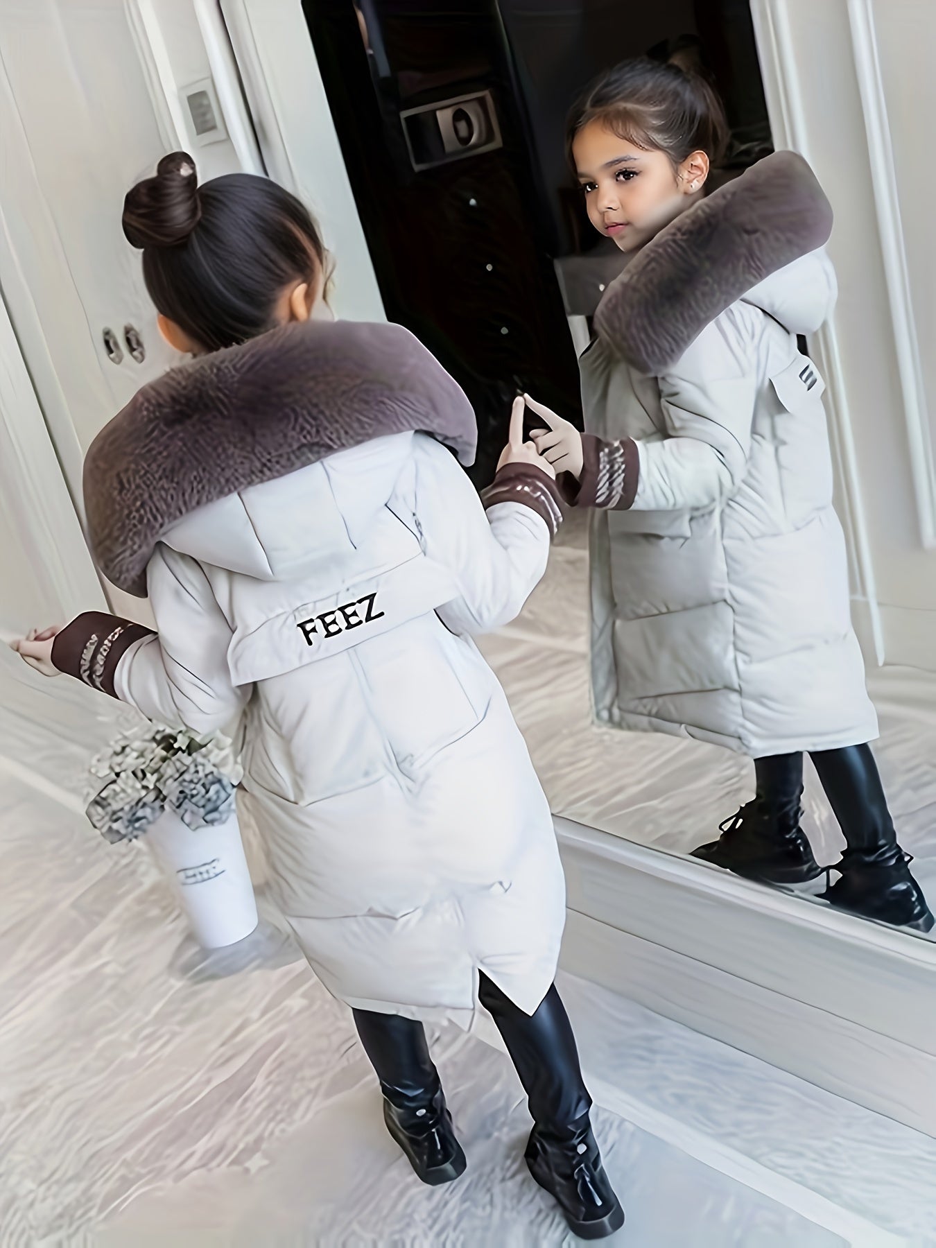 Girls Trendy Furry Hooded Collar Long Cotton-padded Jacket, Mid-length Kids Winter Clothes