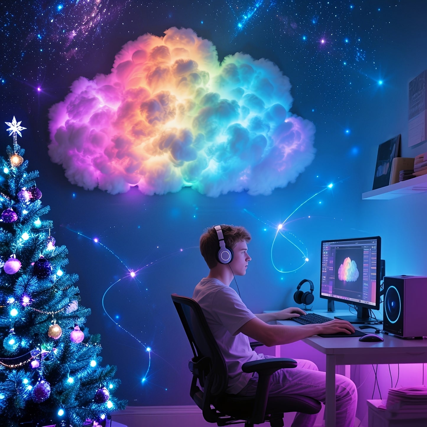 AJK 3D Thunder Cloud Night Light with Music Sync Mode - Smart RGB LED Cloud-Shaped String Lights, USB-Powered Wall/Ceiling Mount for Bedroom, Gaming Room & Party Decor, Dreamy Ambiance Lighting, Cloud Lights for Bedroom, Bedr