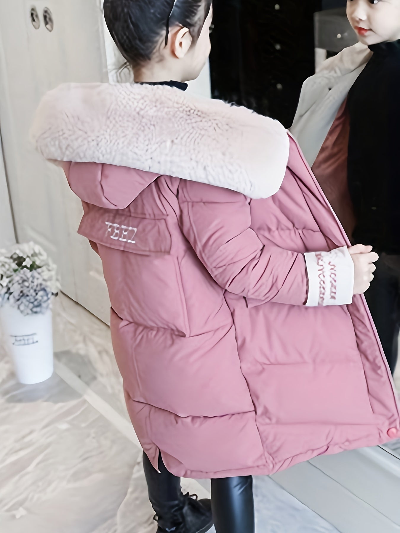 Girls Trendy Furry Hooded Collar Long Cotton-padded Jacket, Mid-length Kids Winter Clothes