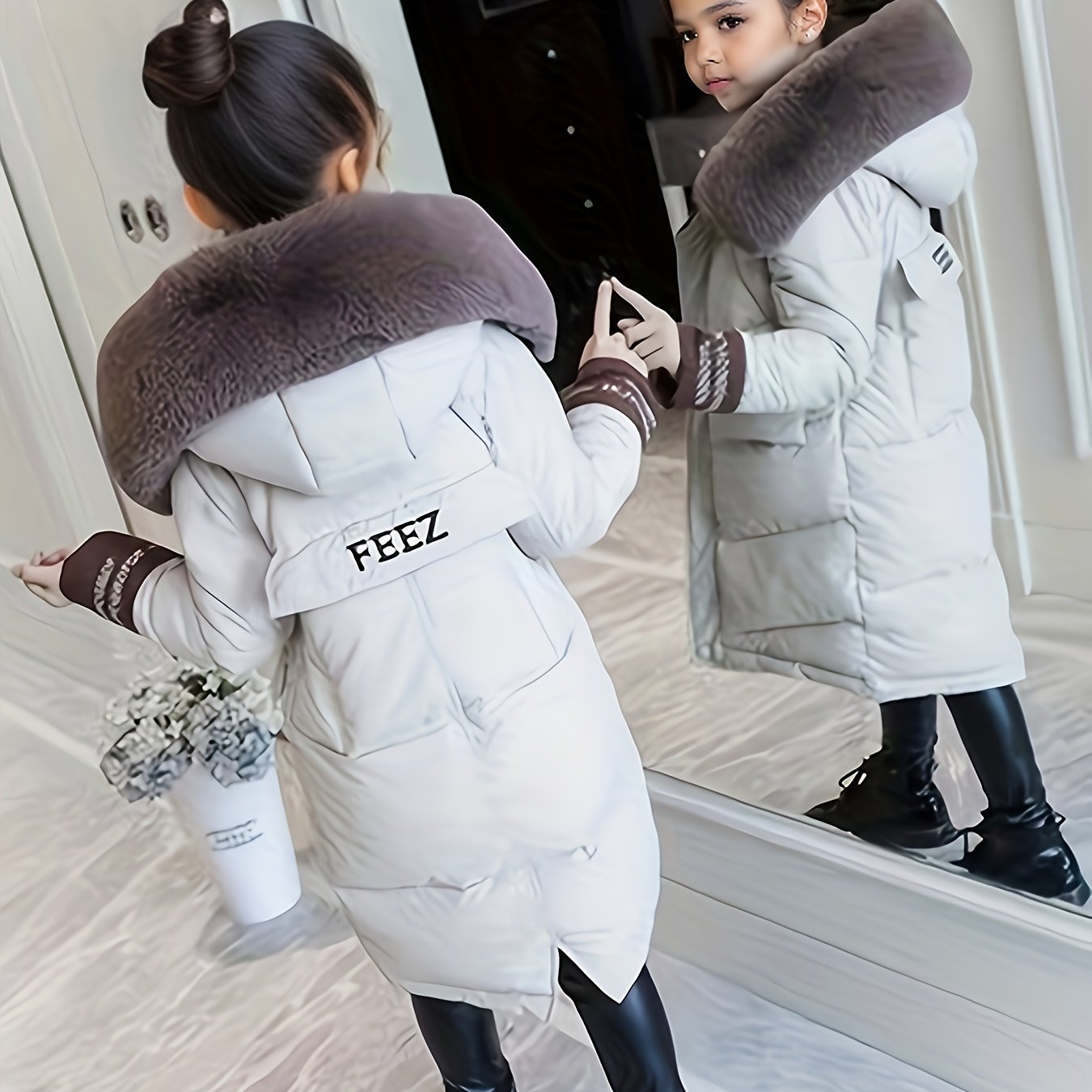 Girls Trendy Furry Hooded Collar Long Cotton-padded Jacket, Mid-length Kids Winter Clothes