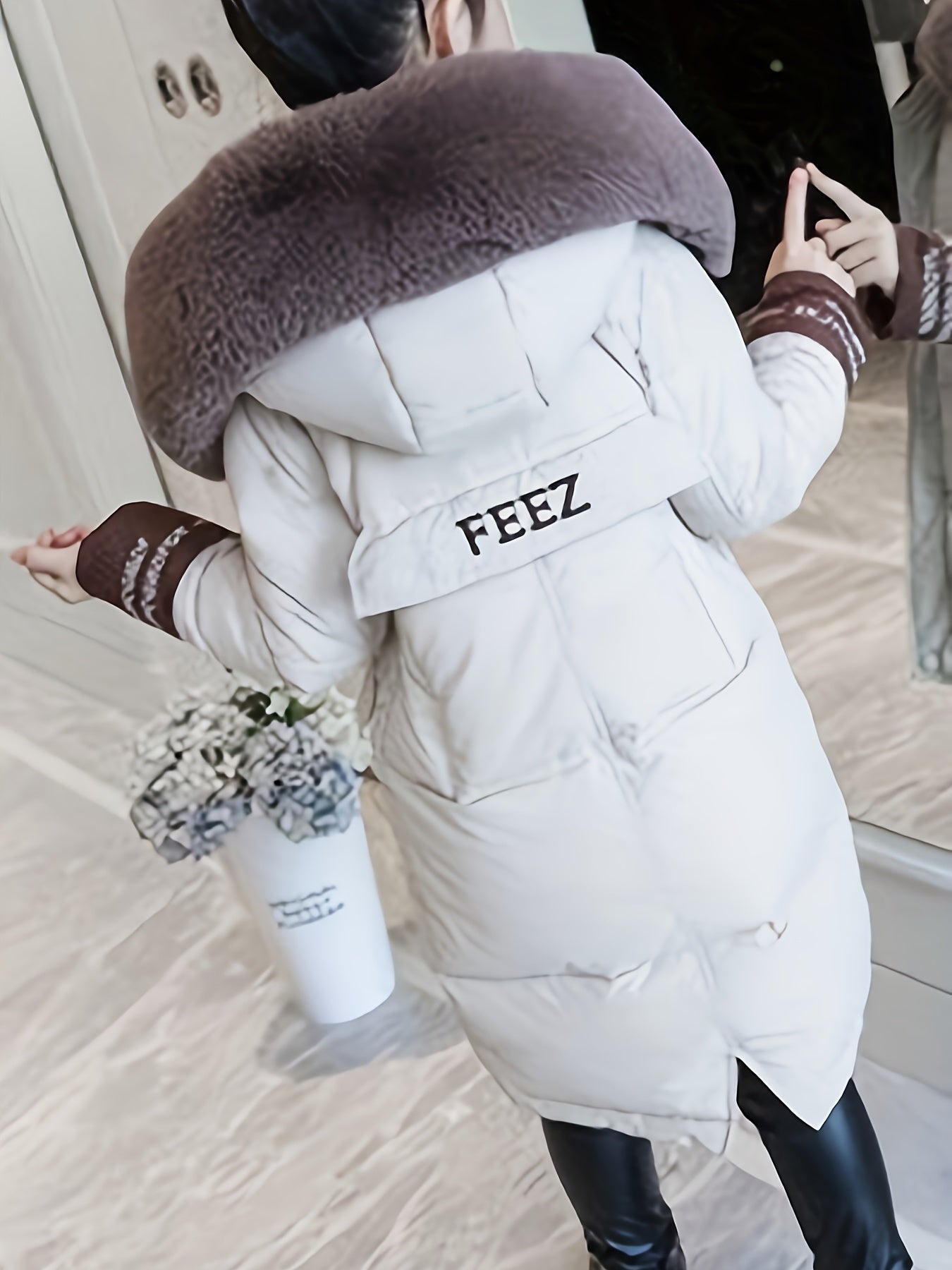 Girls Trendy Furry Hooded Collar Long Cotton-padded Jacket, Mid-length Kids Winter Clothes