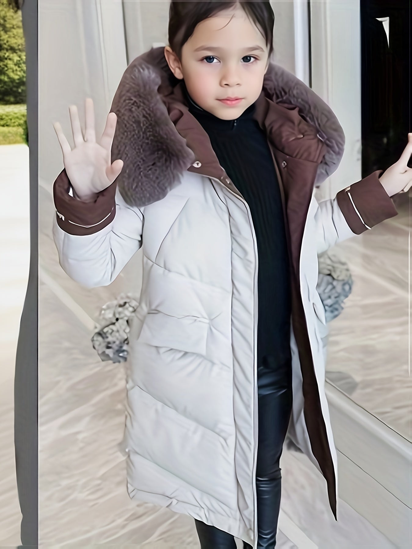 Girls Trendy Furry Hooded Collar Long Cotton-padded Jacket, Mid-length Kids Winter Clothes