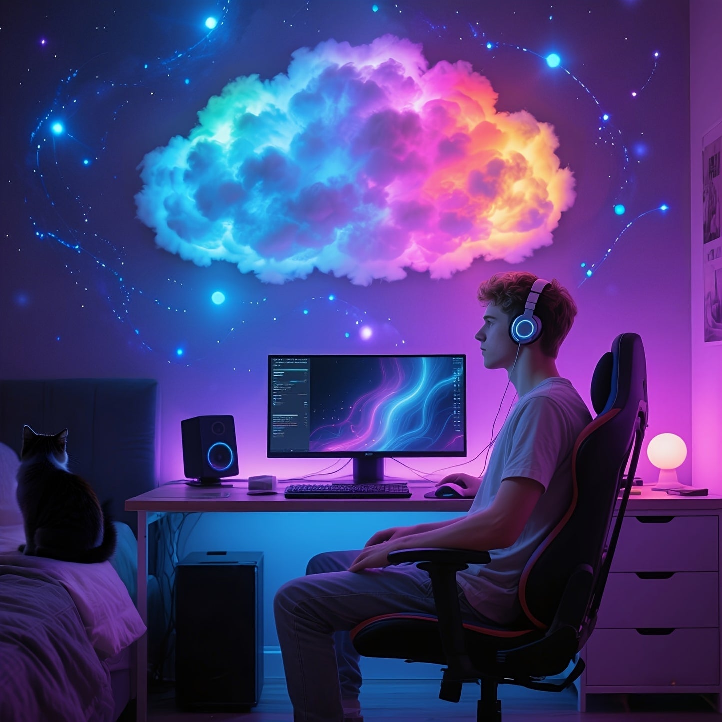 AJK 3D Thunder Cloud Night Light with Music Sync Mode - Smart RGB LED Cloud-Shaped String Lights, USB-Powered Wall/Ceiling Mount for Bedroom, Gaming Room & Party Decor, Dreamy Ambiance Lighting, Cloud Lights for Bedroom, Bedr
