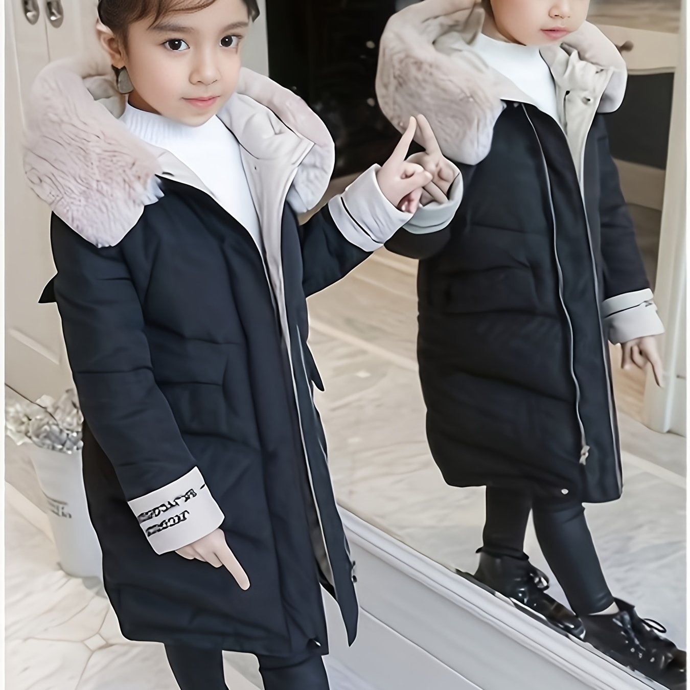 Girls Trendy Furry Hooded Collar Long Cotton-padded Jacket, Mid-length Kids Winter Clothes