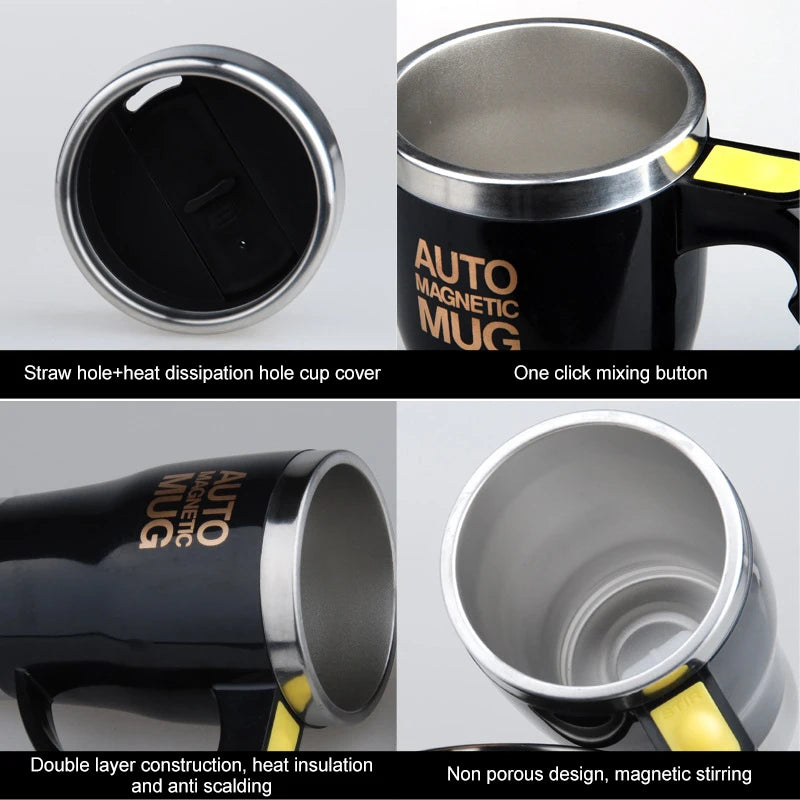 Mug magnétique automatique auto-mélangeur (Tasse à café électrique à mélange magnétique automatique, tasse à jus/lait auto-mélangeante, acier inoxydable, 401-500 ml)