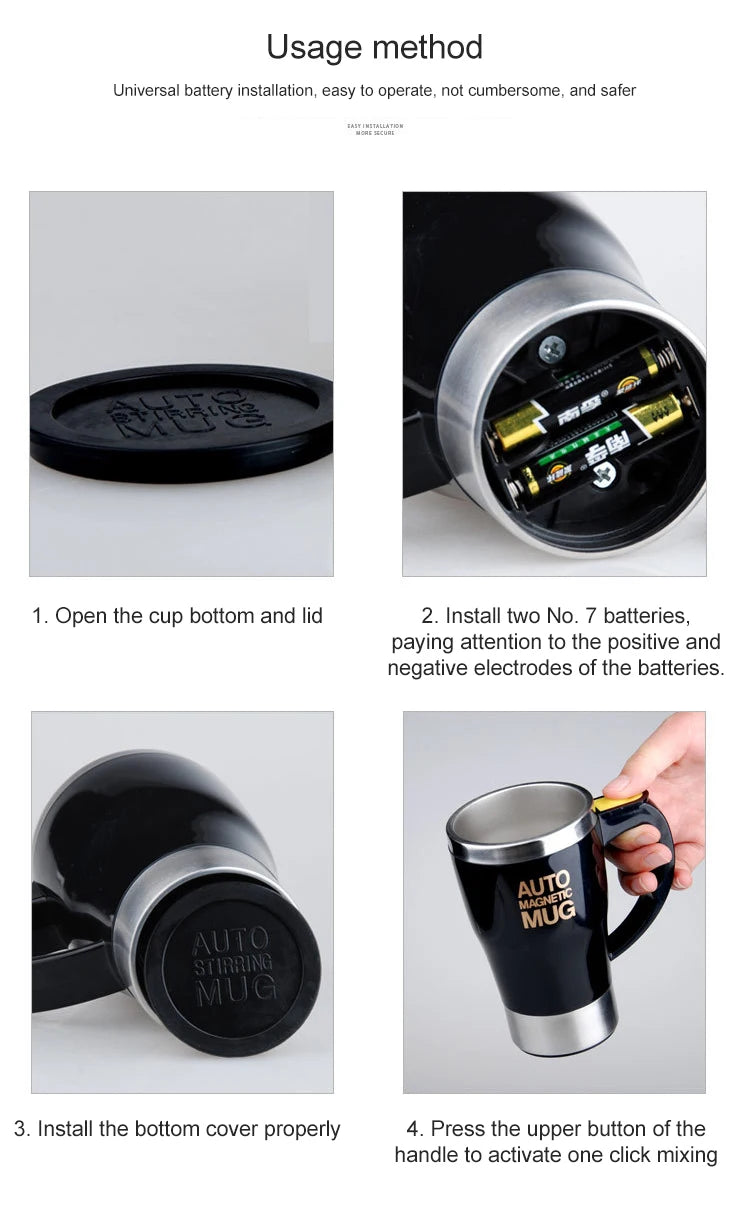 Mug magnétique automatique auto-mélangeur (Tasse à café électrique à mélange magnétique automatique, tasse à jus/lait auto-mélangeante, acier inoxydable, 401-500 ml)