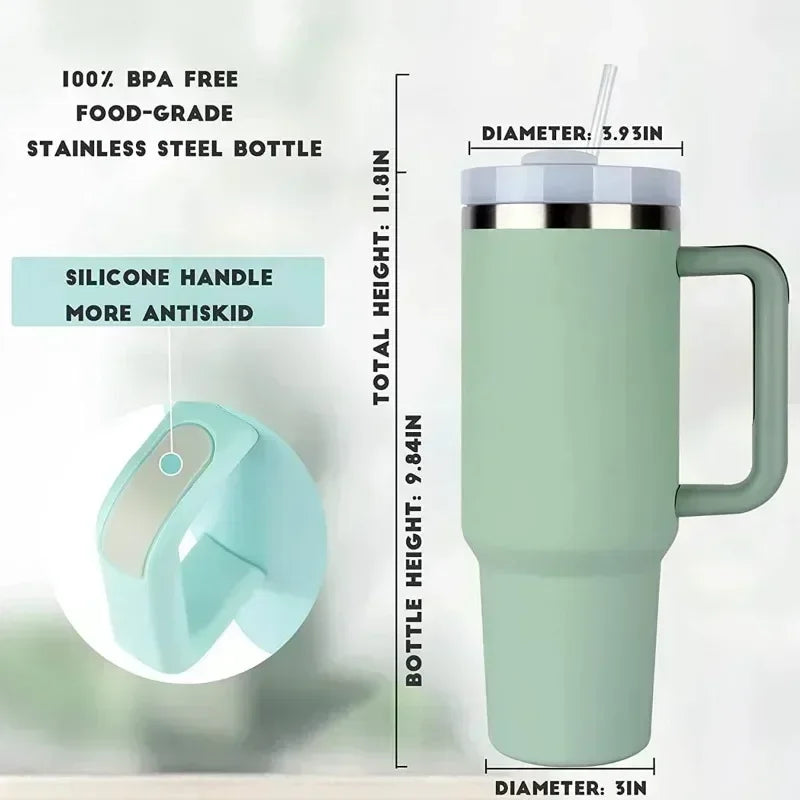 Gobelet isotherme 40 oz en acier inoxydable (Grande capacité avec poignée et paille – double paroi – idéal pour la voiture ou les voyages)