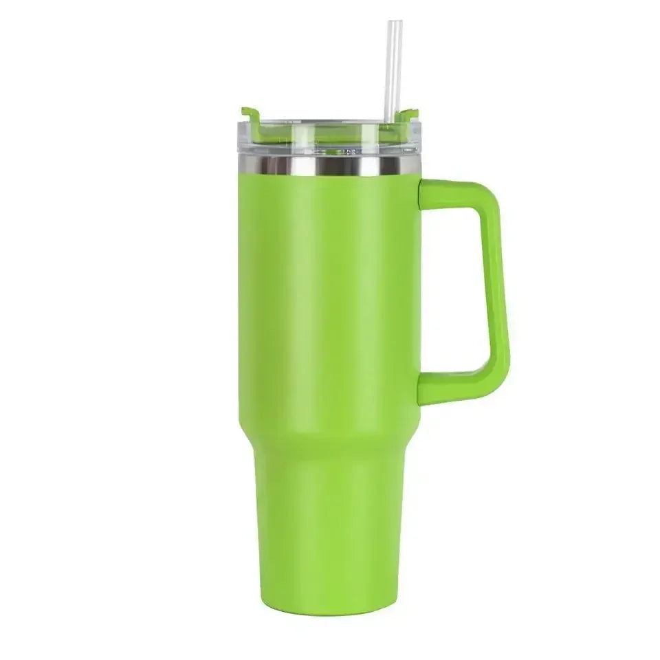 Gobelet isotherme 40 oz en acier inoxydable (Grande capacité avec poignée et paille – double paroi – idéal pour la voiture ou les voyages)