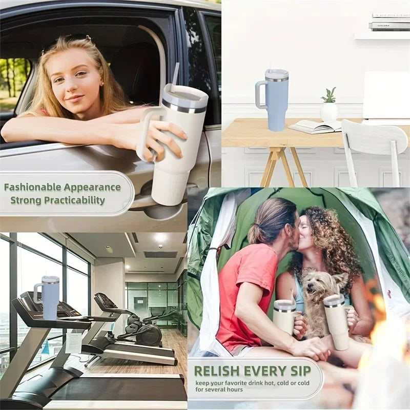 Gobelet isotherme 40 oz en acier inoxydable (Grande capacité avec poignée et paille – double paroi – idéal pour la voiture ou les voyages)
