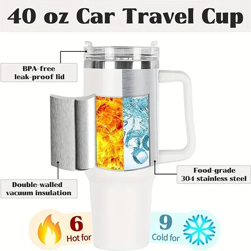 Gobelet isotherme 40 oz en acier inoxydable (Grande capacité avec poignée et paille – double paroi – idéal pour la voiture ou les voyages)