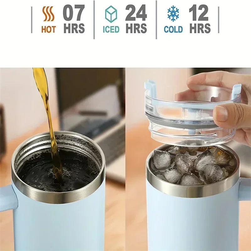 Gobelet isotherme 40 oz en acier inoxydable (Grande capacité avec poignée et paille – double paroi – idéal pour la voiture ou les voyages)