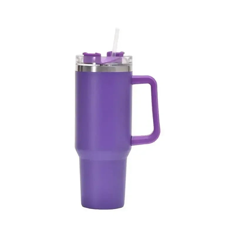 Gobelet isotherme 40 oz en acier inoxydable (Grande capacité avec poignée et paille – double paroi – idéal pour la voiture ou les voyages)