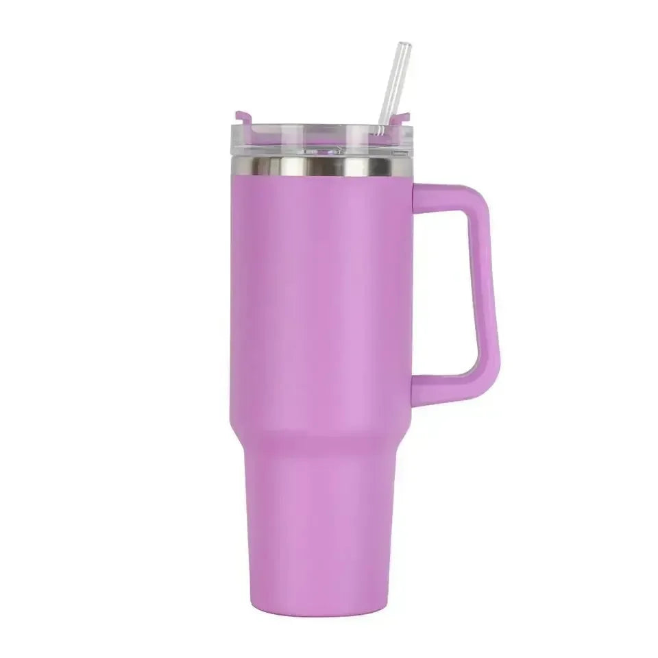 Gobelet isotherme 40 oz en acier inoxydable (Grande capacité avec poignée et paille – double paroi – idéal pour la voiture ou les voyages)