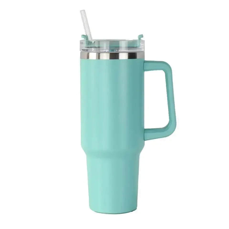 Gobelet isotherme 40 oz en acier inoxydable (Grande capacité avec poignée et paille – double paroi – idéal pour la voiture ou les voyages)