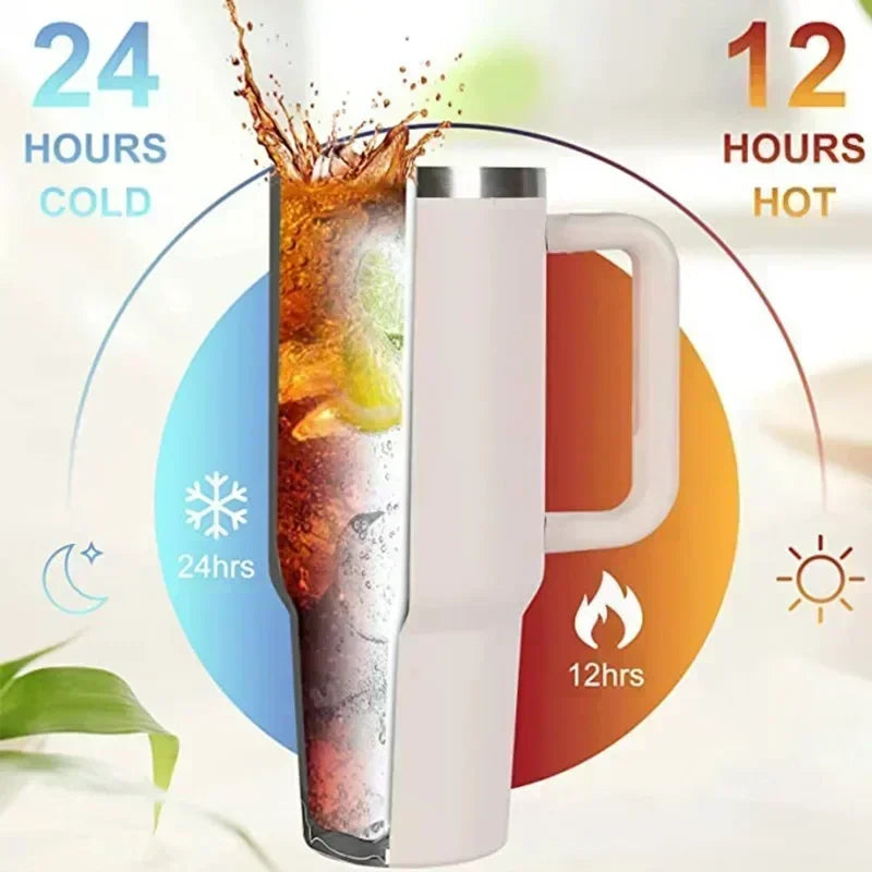 Gobelet isotherme 40 oz en acier inoxydable (Grande capacité avec poignée et paille – double paroi – idéal pour la voiture ou les voyages)