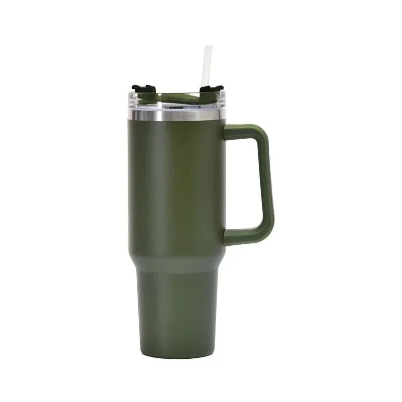 Gobelet isotherme 40 oz en acier inoxydable (Grande capacité avec poignée et paille – double paroi – idéal pour la voiture ou les voyages)
