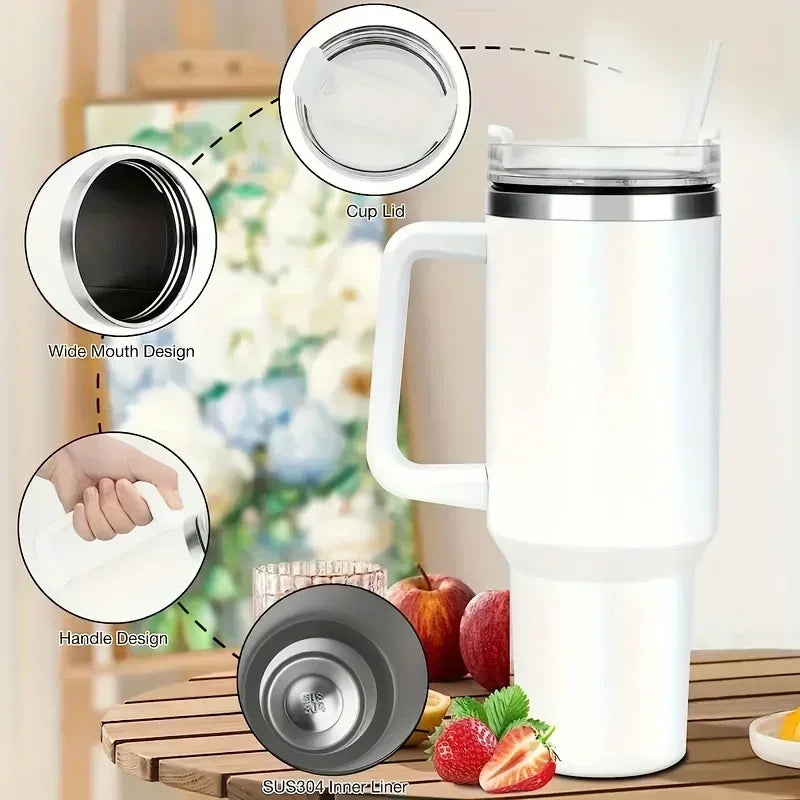 Gobelet isotherme 40 oz en acier inoxydable (Grande capacité avec poignée et paille – double paroi – idéal pour la voiture ou les voyages)