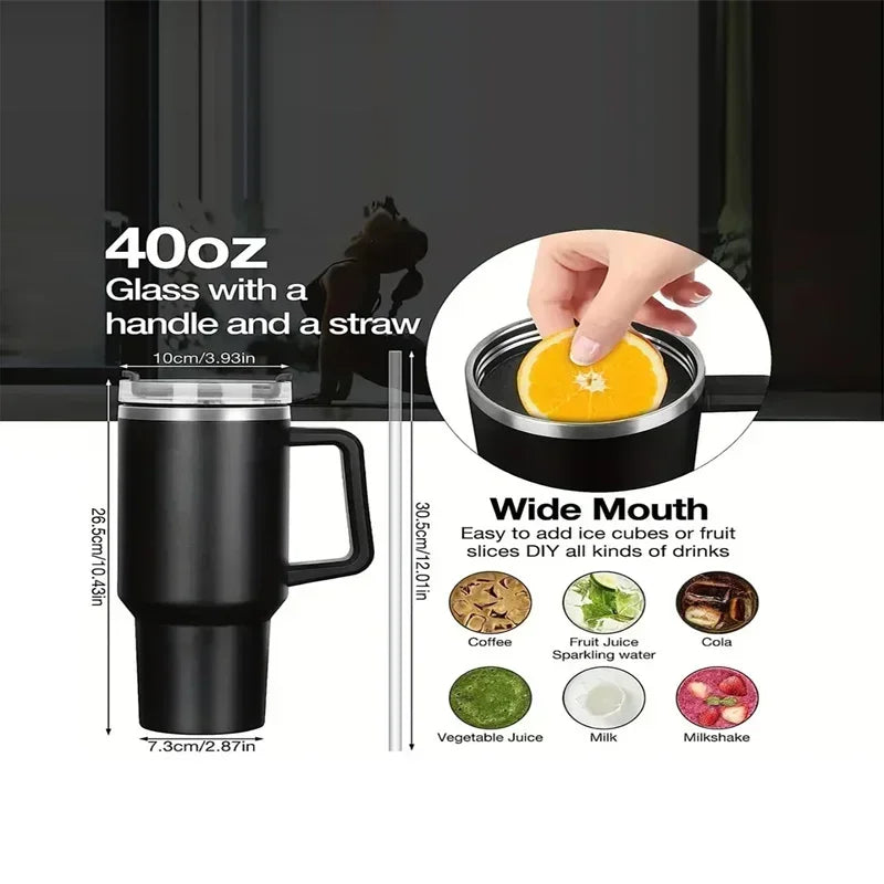 Gobelet isotherme 40 oz en acier inoxydable (Grande capacité avec poignée et paille – double paroi – idéal pour la voiture ou les voyages)