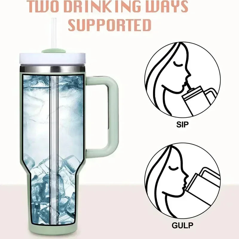 Gobelet isotherme 40 oz en acier inoxydable (Grande capacité avec poignée et paille – double paroi – idéal pour la voiture ou les voyages)
