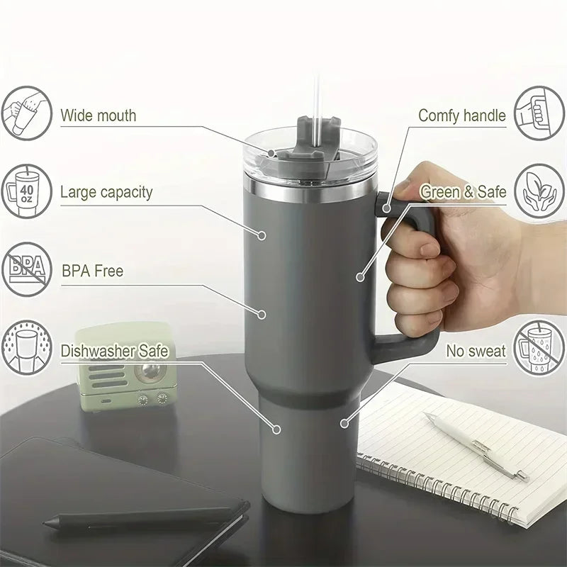 Gobelet isotherme 40 oz en acier inoxydable (Grande capacité avec poignée et paille – double paroi – idéal pour la voiture ou les voyages)