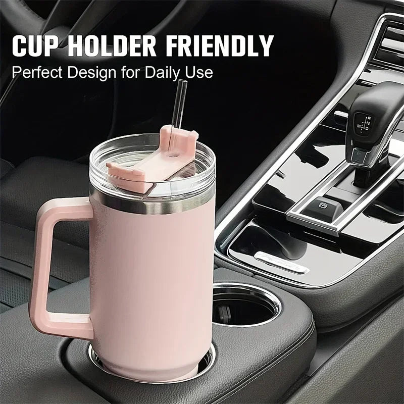 Gobelet isotherme 40 oz en acier inoxydable (Grande capacité avec poignée et paille – double paroi – idéal pour la voiture ou les voyages)
