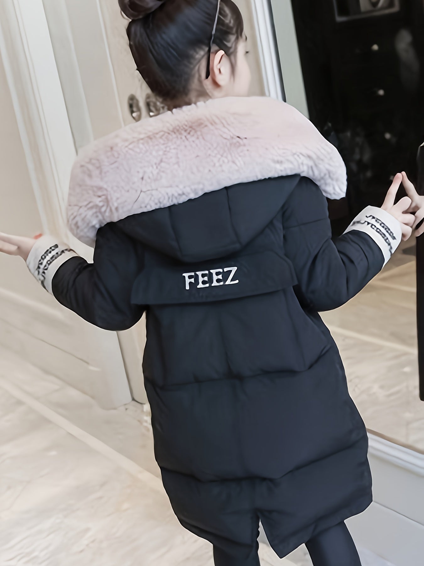Girls Trendy Furry Hooded Collar Long Cotton-padded Jacket, Mid-length Kids Winter Clothes