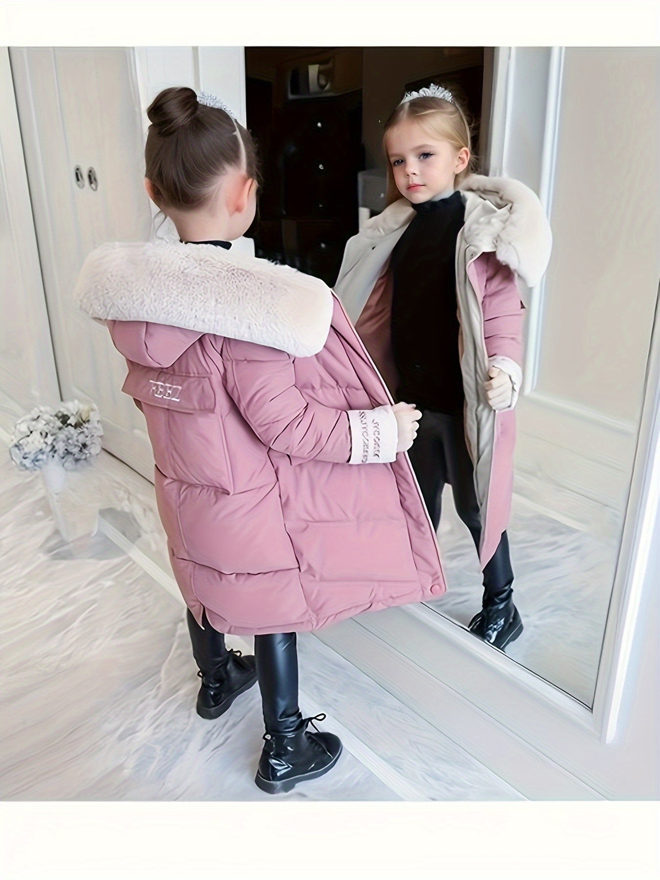 Girls Trendy Furry Hooded Collar Long Cotton-padded Jacket, Mid-length Kids Winter Clothes