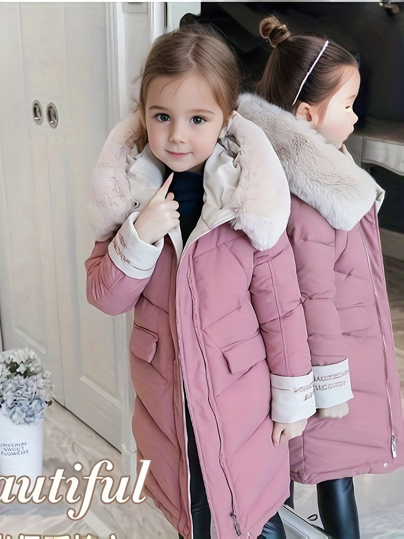 Girls Trendy Furry Hooded Collar Long Cotton-padded Jacket, Mid-length Kids Winter Clothes