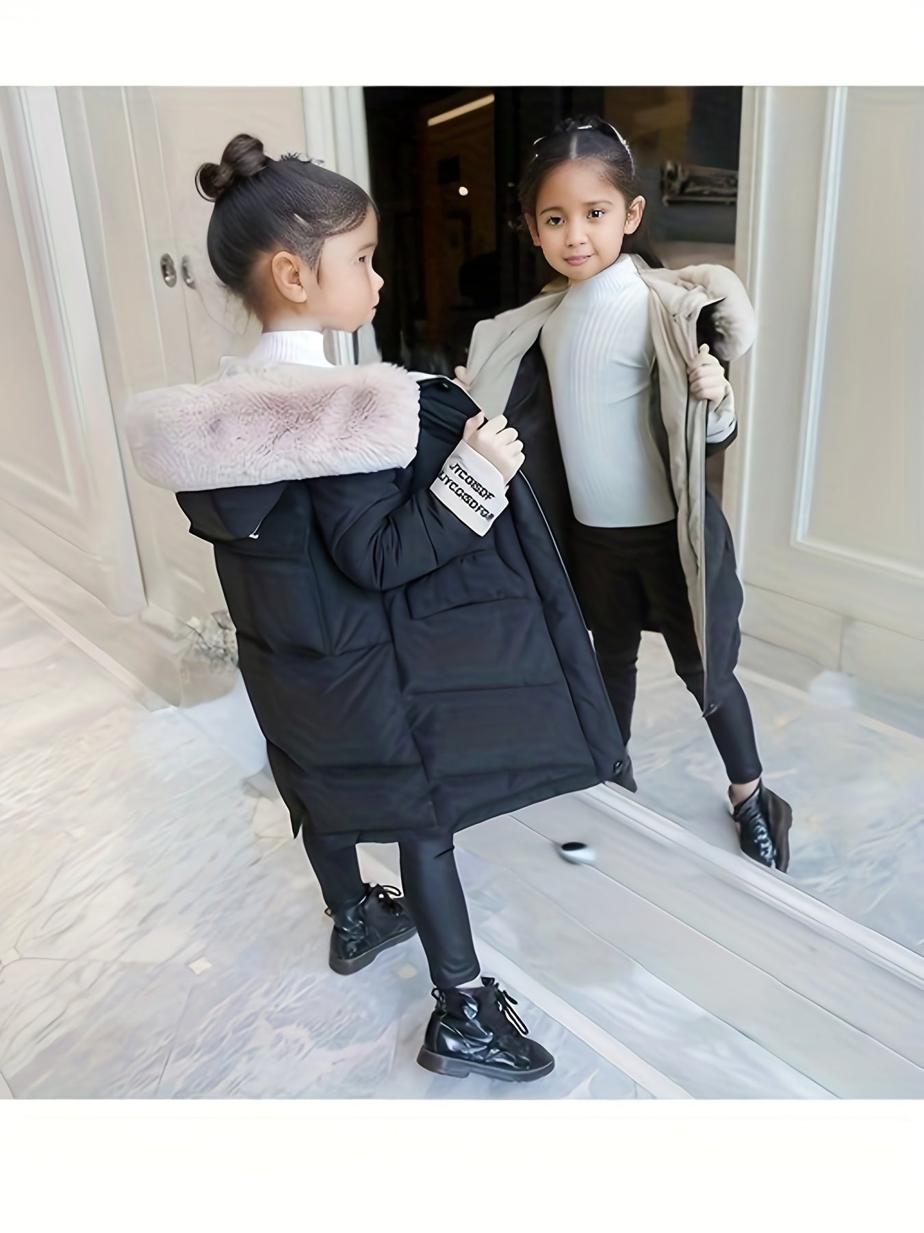 Girls Trendy Furry Hooded Collar Long Cotton-padded Jacket, Mid-length Kids Winter Clothes