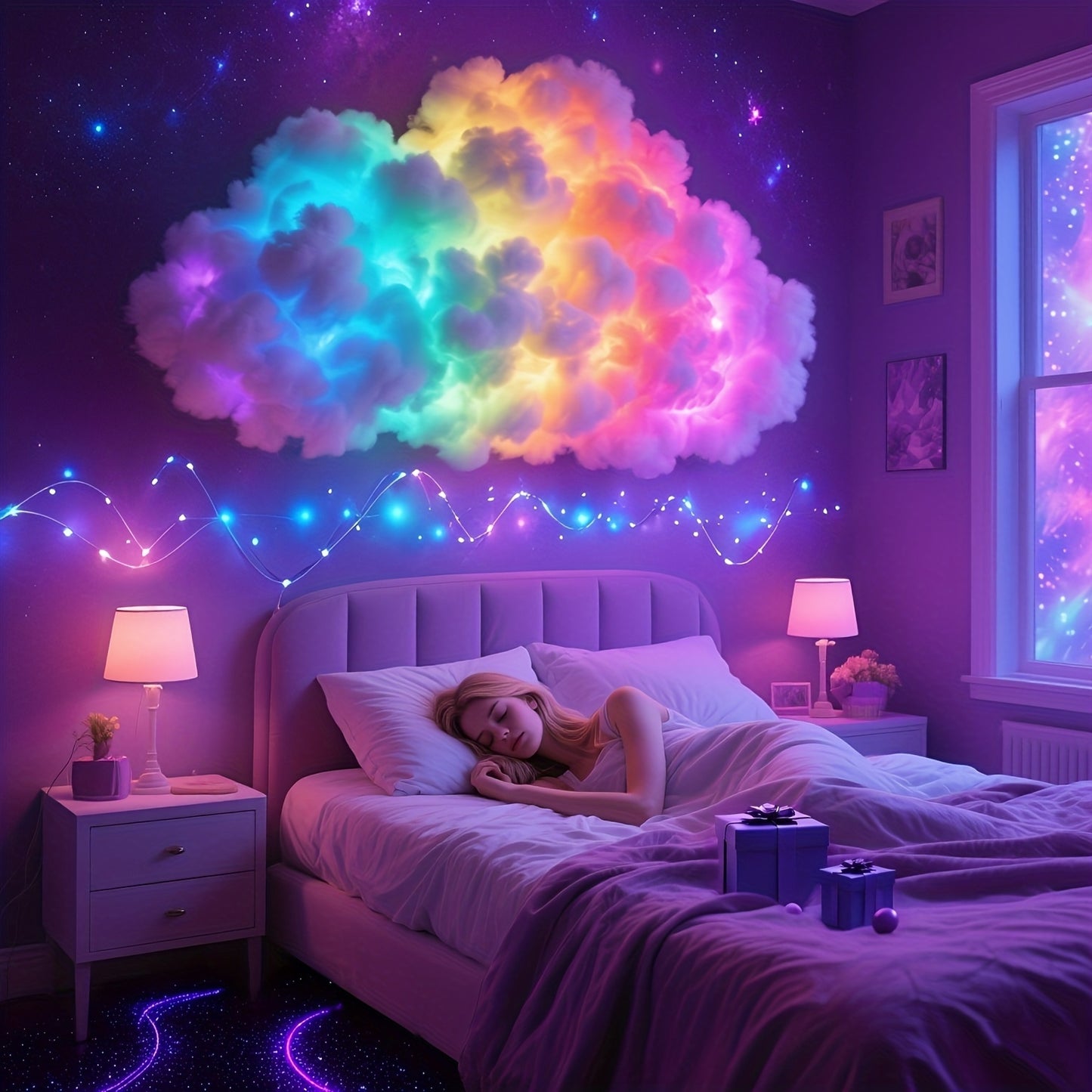 AJK 3D Thunder Cloud Night Light with Music Sync Mode - Smart RGB LED Cloud-Shaped String Lights, USB-Powered Wall/Ceiling Mount for Bedroom, Gaming Room & Party Decor, Dreamy Ambiance Lighting, Cloud Lights for Bedroom, Bedr