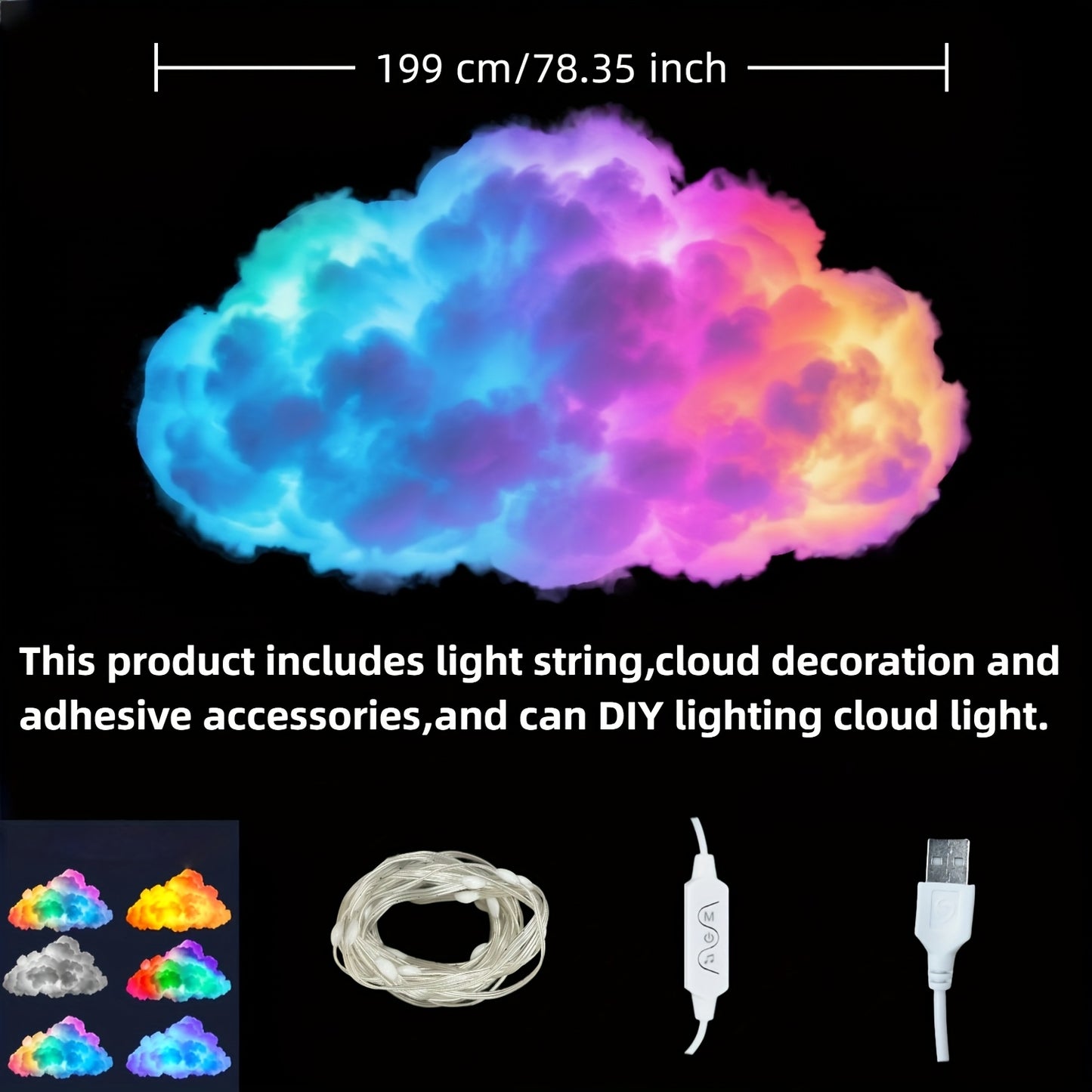 AJK 3D Thunder Cloud Night Light with Music Sync Mode - Smart RGB LED Cloud-Shaped String Lights, USB-Powered Wall/Ceiling Mount for Bedroom, Gaming Room & Party Decor, Dreamy Ambiance Lighting, Cloud Lights for Bedroom, Bedr