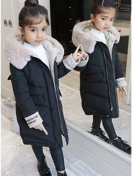 Girls Trendy Furry Hooded Collar Long Cotton-padded Jacket, Mid-length Kids Winter Clothes