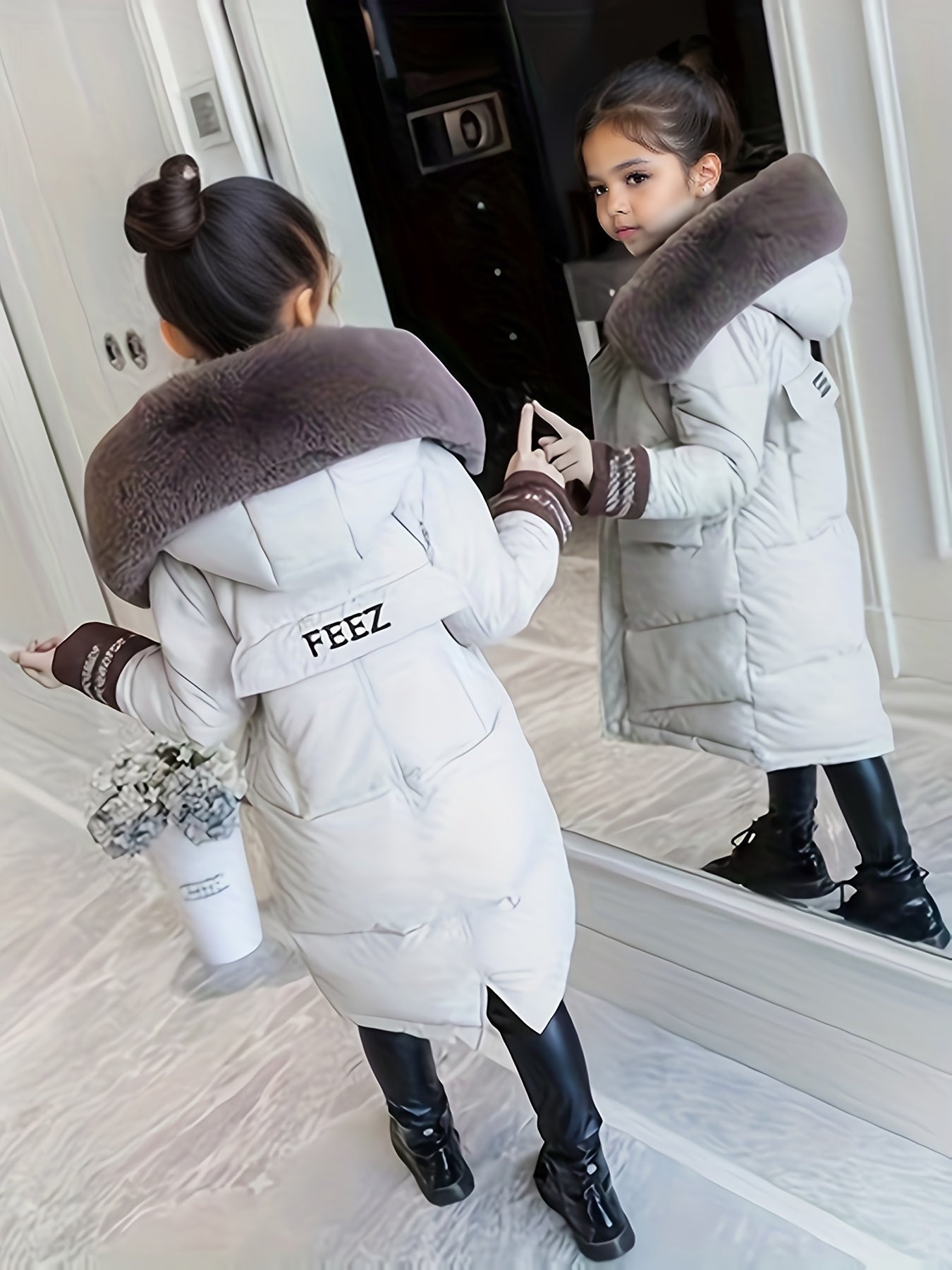 Girls Trendy Furry Hooded Collar Long Cotton-padded Jacket, Mid-length Kids Winter Clothes