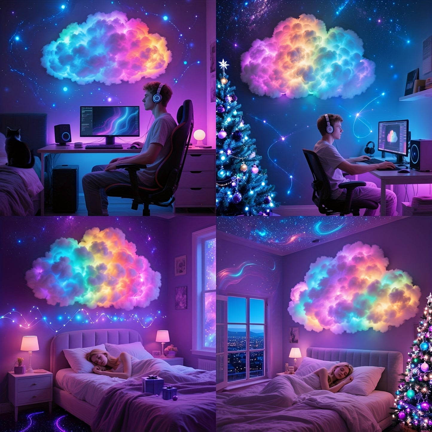 AJK 3D Thunder Cloud Night Light with Music Sync Mode - Smart RGB LED Cloud-Shaped String Lights, USB-Powered Wall/Ceiling Mount for Bedroom, Gaming Room & Party Decor, Dreamy Ambiance Lighting, Cloud Lights for Bedroom, Bedr