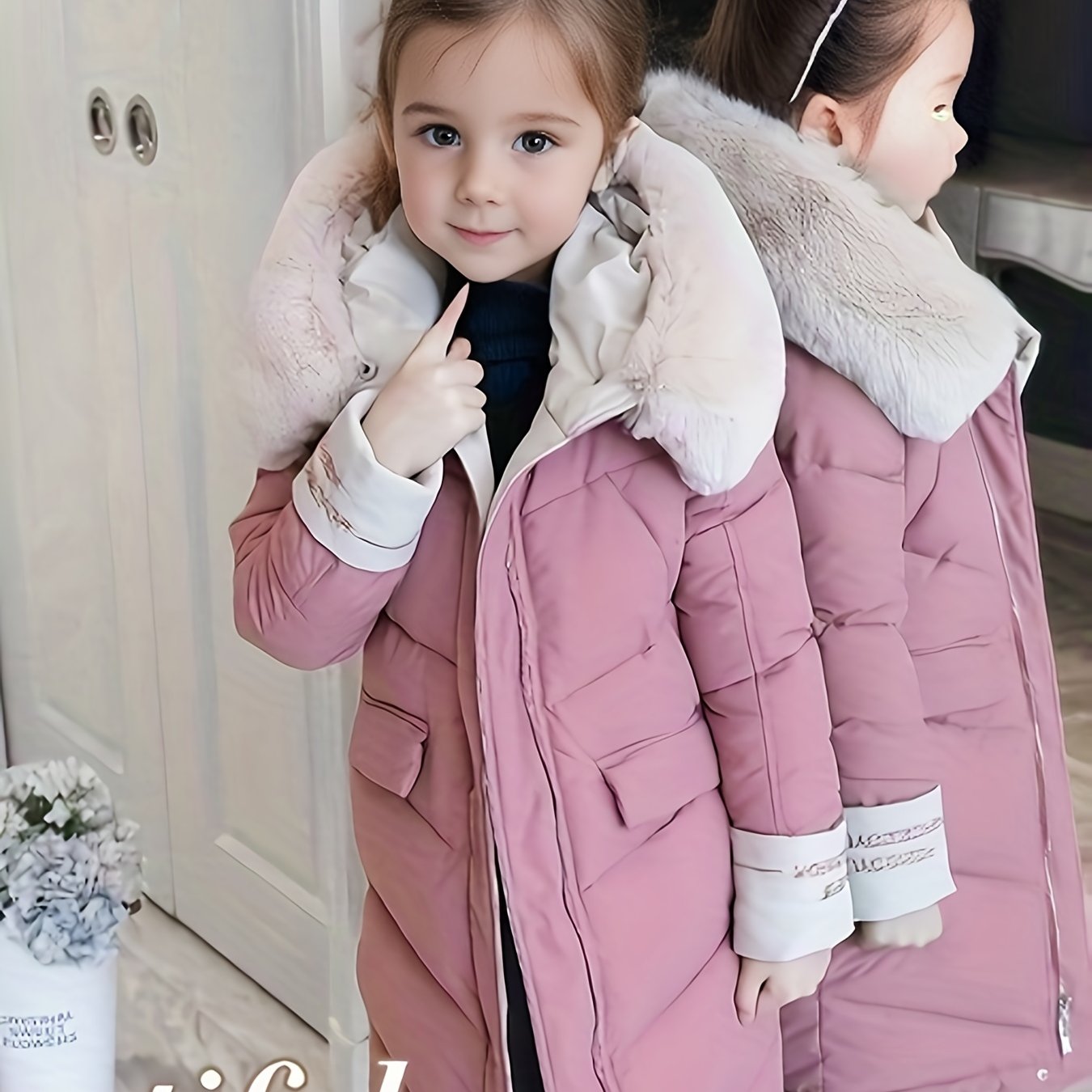 Girls Trendy Furry Hooded Collar Long Cotton-padded Jacket, Mid-length Kids Winter Clothes